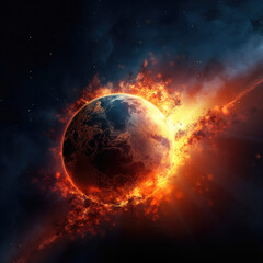 planet in space, flames, burn