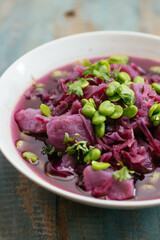 Purple Cabbage Soup with Purple Potatoes and Fava Beans