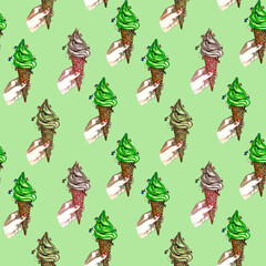 Vector hand drawn seamles pattern of woman hand with red fingernails holding the green ice-cream cone