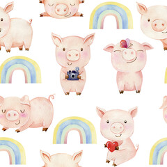 Watercolor seamless pattern with funny pigs. Background for fabric, paper, wallpaper, wrapping and other.