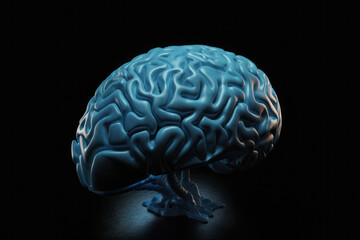 Glowing blue human brain on dark background