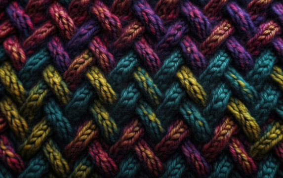 Knitted wool pattern. Handmade knitting wool texture. Colorful yarn background. Generative AI