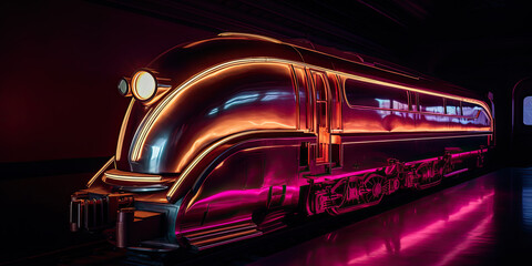 purple, gold colour train locomotive. Generative AI image.