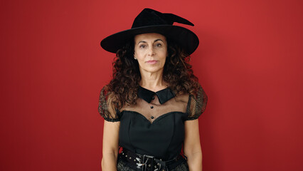 Middle age hispanic woman wearing witch costume having halloween party over isolated red background