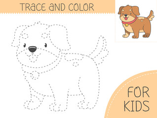 Trace and color coloring book with dog for kids. Coloring page with cartoon puppy. Vector illustration for kids.