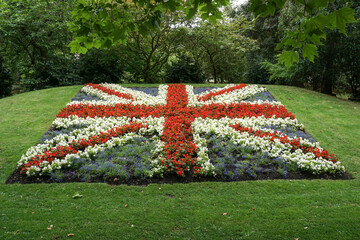 flag of Great Britain in flower bed. park flowers in shape of the union jack flag. UK celebrations 