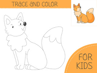 Trace and color coloring book with fox for kids. Coloring page with cartoon fox. Vector illustration for kids.