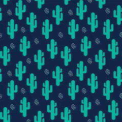 Cartoon cactus seamless pattern. Cute green cactus silhouette  repeat on dark background. Doodle kids style. Vector illustration.