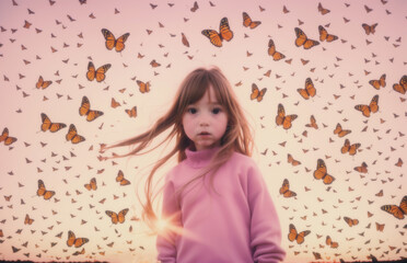Obraz na płótnie Canvas A multitude of butterflies surrounding a cute little girl in the countryside. Golden hour mystical magical portrait. Generative AI. 