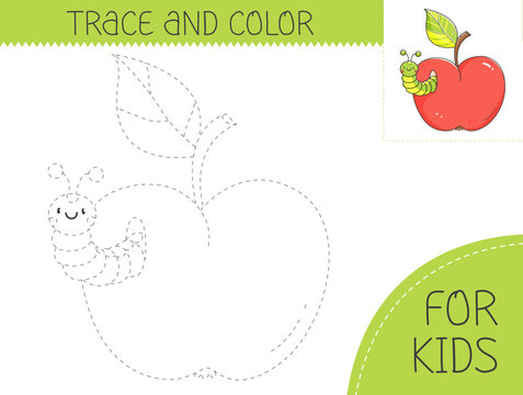 Trace and color coloring book with apple and worm for kids. Coloring page with cartoon apple and caterpillar. Vector illustration for kids.