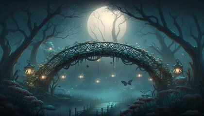 Mystical Forest with Cherry Tree Bridge