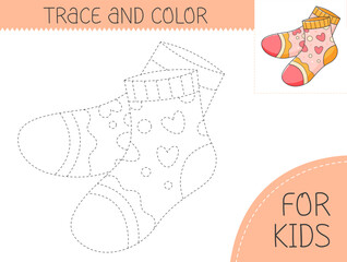 Trace and color coloring book with socks for kids. Coloring page with cartoon socks. Vector illustration for kids.