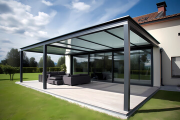 Modern Aluminum Veranda with Outdoor View - obrazy, fototapety, plakaty