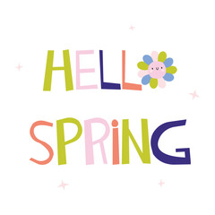 Hand lettering greeting spring. Color vector font. 