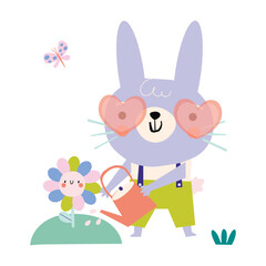 A cute rabbit with glasses and a watering can waters a flower. Spring cartoon illustration. Vector illustration for kids bedding, fabric, wallpaper, wrapping paper, textile, t-shirt