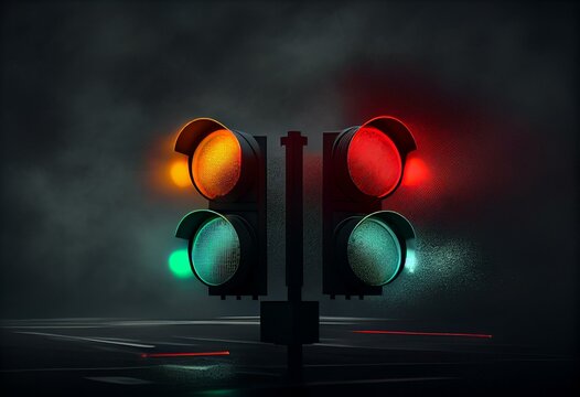Traffic Lights Signals in a Dark Foggy Environment on a Long Exposure 3d illustration 3d render. Generative AI