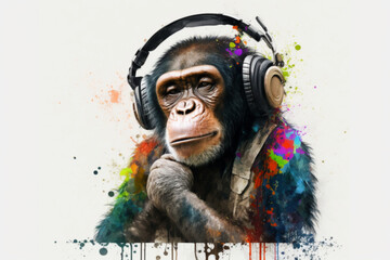 Chimpanzee Listening to Music. Generative Ai. 