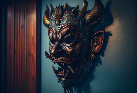 Asian style monster face mask hangs on the wall. Image creative generative Ai technology