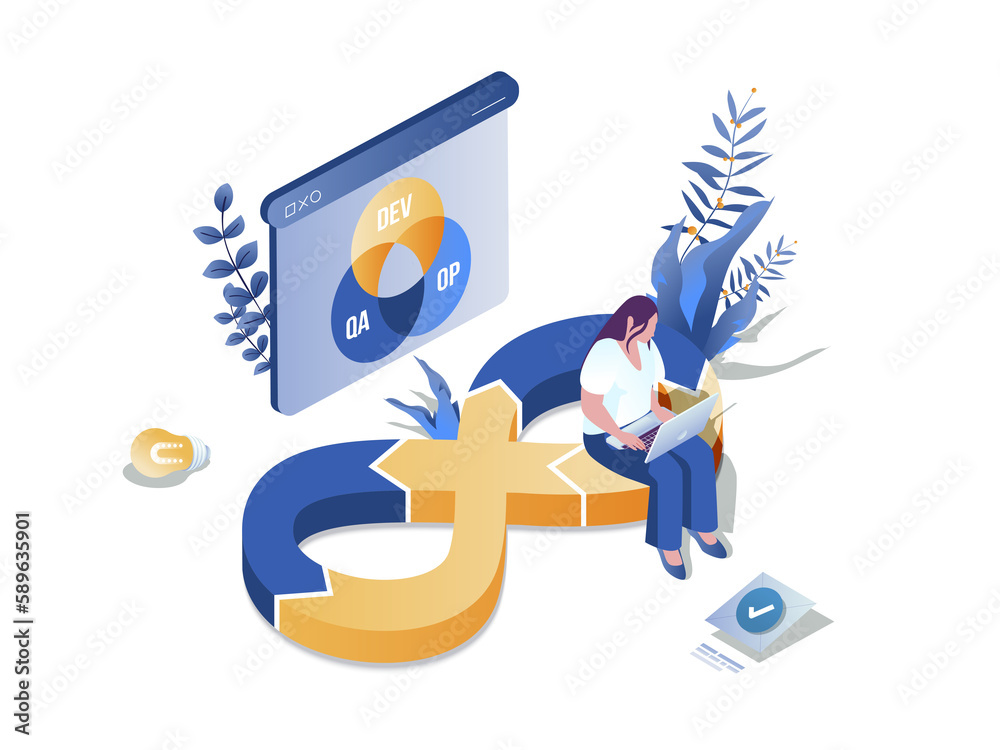 Poster devops concept 3d isometric web scene. people working in it industry, creating software and using de