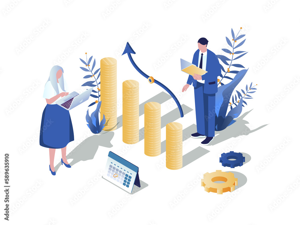 Poster financial analytics concept 3d isometric web scene. people working with data graphs and calculating 