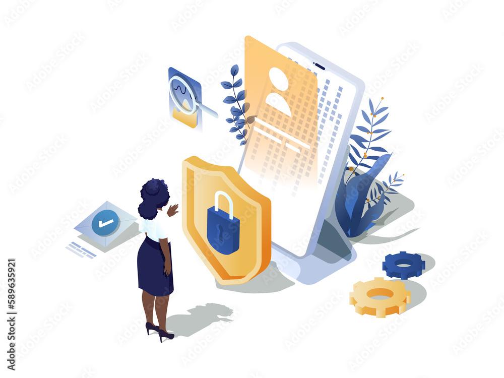 Poster Fraud protection concept 3d isometric web scene. People protecting from hacker and internet data phishing attack, using cyber security technology. Illustration in isometry graphic design