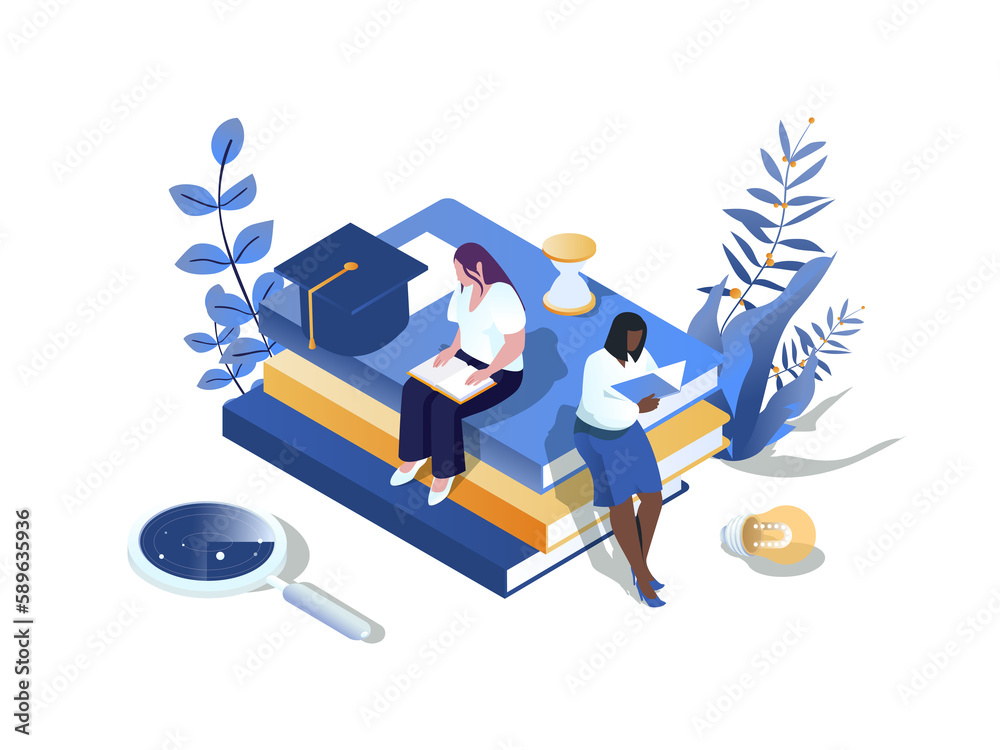 Poster Knowledge concept 3d isometric web scene. People reading different books and textbooks for improving skills and preparing graduates exam at university. Illustration in isometry graphic design