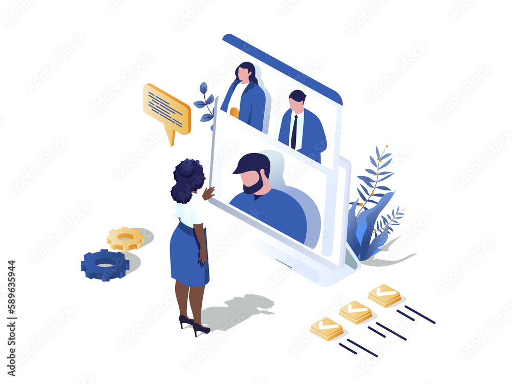 Poster Remote team concept 3d isometric web scene. People discussing work tasks and talking in group video call programm. Colleagues communicates online. Illustration in isometry graphic design