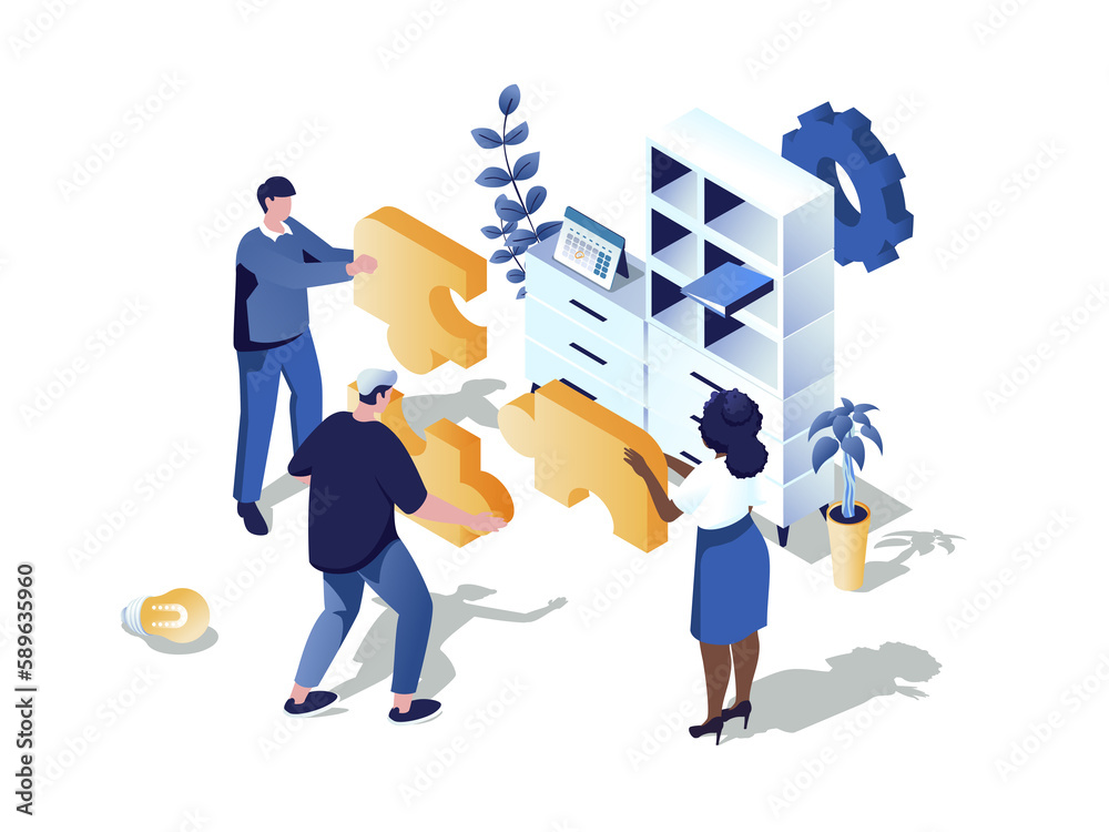 Aufkleber Teamwork in office concept 3d isometric web scene. People working together and collecting puzzle, doing job tasks, collaborate and support each other. Illustration in isometry graphic design