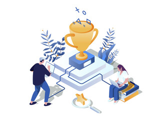 Gamification in learning concept 3d isometric web scene. People studying, achieved new level and completing challenges for winning awards and trophy cup. Illustration in isometry graphic design