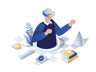 Immersive learning concept 3d isometric web scene. People wearing in VR headset to interacting with virtual reality for study and making researches. Illustration in isometry graphic design