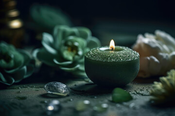 Obraz na płótnie Canvas A candle made of green wax in a clean and calm ambiente, surrounded by natural plants, and moody background. Zen and Spa Mood. Droplets of water on the surface. Generative AI.