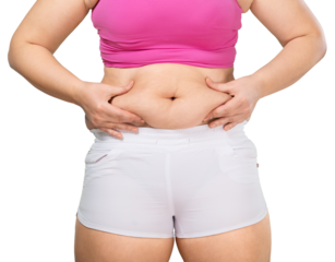 Woman's hand holding excessive belly fat