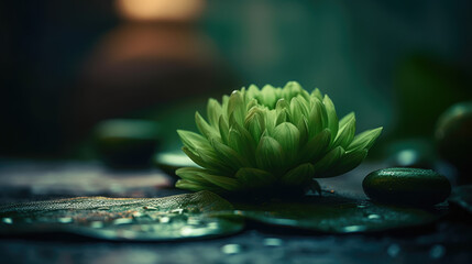 Spa still life composition. Clean and calm ambiente. Zen and Green. Droplets of water on top of a green leaf. Generative ai.