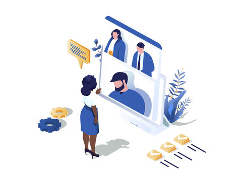 Remote team concept 3d isometric web scene. People discussing work tasks and talking in group video call programm. Colleagues communicates online. Illustration in isometry graphic design
