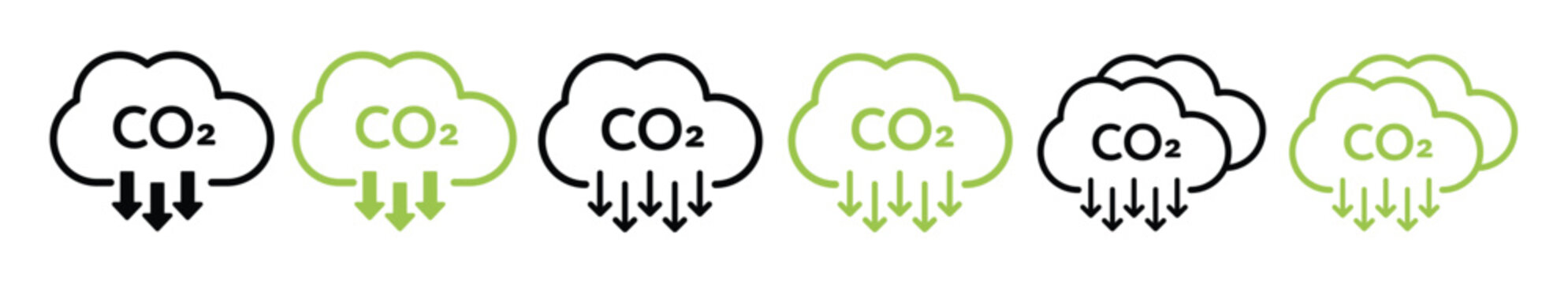 Reduce co2 gas icon set. carbon reduction cloud sign. cut c02 pictogram. zero carbon emission. zero greenhouse gas low co2 logo. cut carbon bubble vector. line Stock vector in black and green collecti