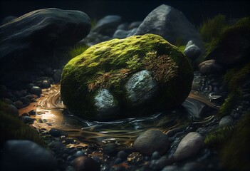 a river flowing over rocks next to a green mossy rock in the middle of a river with a green mossy rock in the middle of the river. generative ai