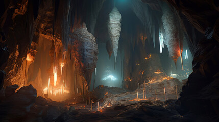 Mysterious Cave Illuminated by Orange Lights, generative ai