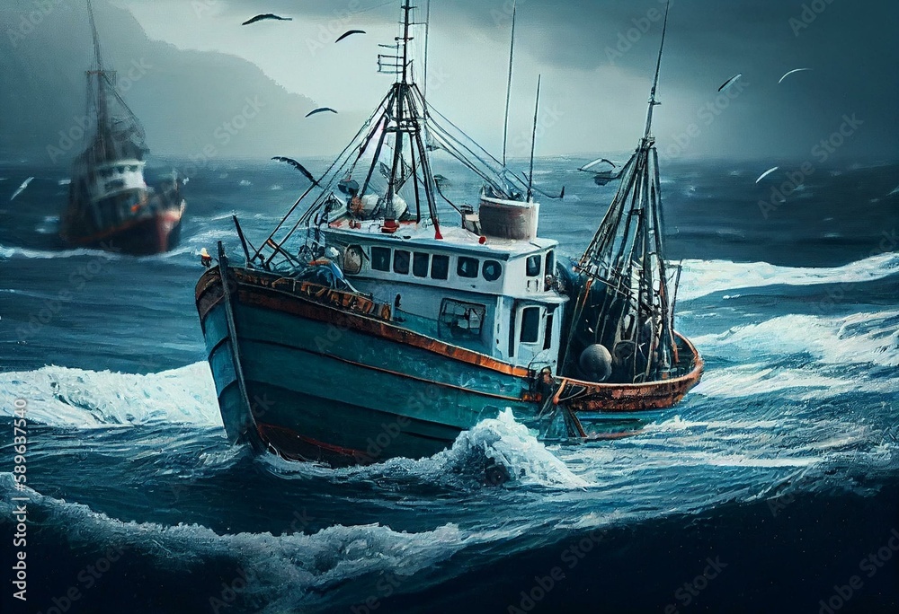 Wall mural Fishermens, boats, ships.Sea landscape paintings. Generative AI - Wall murals