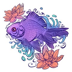 Decorative goldfish Illustration isolated on white background. Tattoo art design,