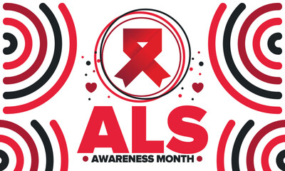 ALS Awareness Month. Amyotrophic lateral sclerosis. Annual campaign is held in May in United States. Control and protection. Prevention campaign. Medical health care concept. Vector illustration