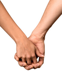 Hands of man and woman holding together over white