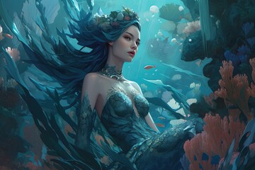 Mystical Beauty Beneath the Waves: Mermaids Swimming Amongst Corals. Generative AI