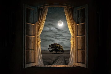 View out of an old wooden window arched window toward a rural landscape at night with a large bright moon illuminating window and countryside. AI generated image in a high detail watercolour style