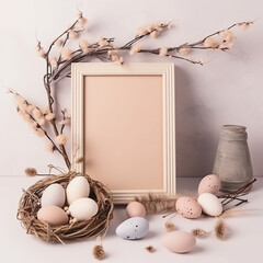 Easter composition with Blank picture frame mockup Easter decorations on beige background. Generative AI