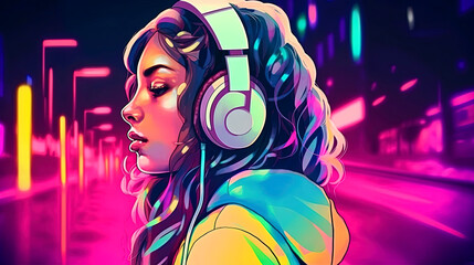 Headphone Girl with a Colorful and bright Pink City Street, generative ai