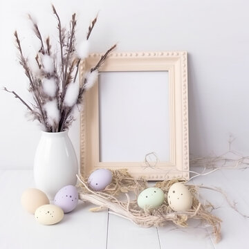 Easter composition with Blank picture frame mockup Easter decorations on white background. Generative AI