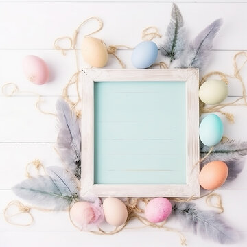 Easter composition with Blank picture frame mockup Easter decorations on white background. Generative AI