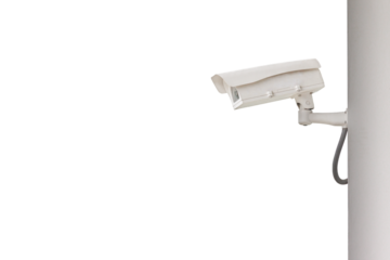 Sideview of CCTV surveillance security camera install on the wall isolated in white background.