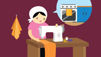 Woman sewing on the sewing machine and thinking about cooking. Sewing concept. Vector illustration