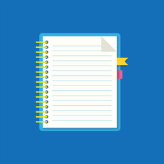 Notebook with paper sheets on blue background. Flat vector illustration.